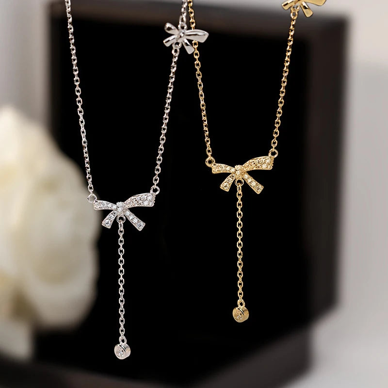 Elegant Zircon Crystal Bow Pendant Necklace – Exquisite Bowknot Tassel Clavicle Chain Jewelry Gift for Women