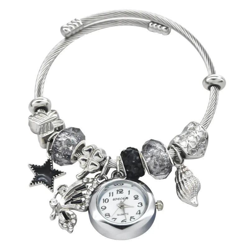 Women’s Love Bracelet Quartz Watch – Stylish Round Silver Casual Fashion Jewelry Gift
