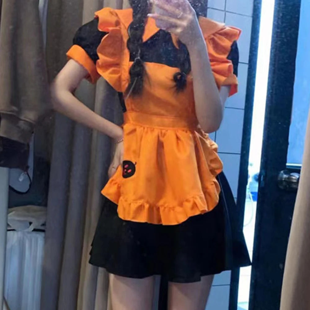 2025 Halloween Women’s Cosplay Costume – Anime Pumpkin Maid Embroidered Dress for Restaurant, Birthday & Party