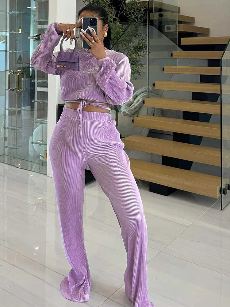 Women’s Casual 2-Piece Lounge Set – Draped Top & Elastic Wrap Pants | Fall Outfits Wholesale Dropshipping