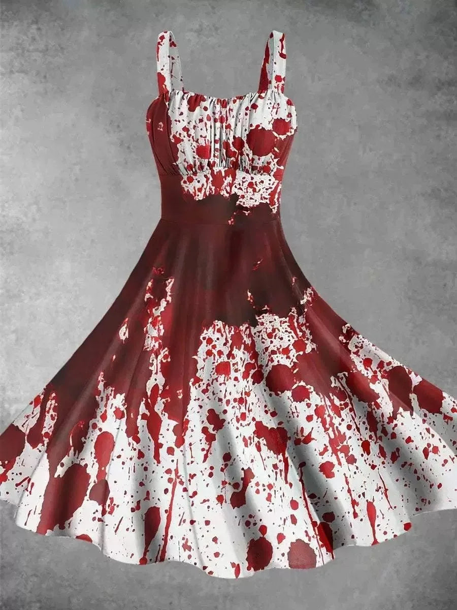 2025 Halloween Women’s Cosplay Dress – Retro Funny Horror Theme Bloody Printed Suspender Strappy Dress, Witch Costume