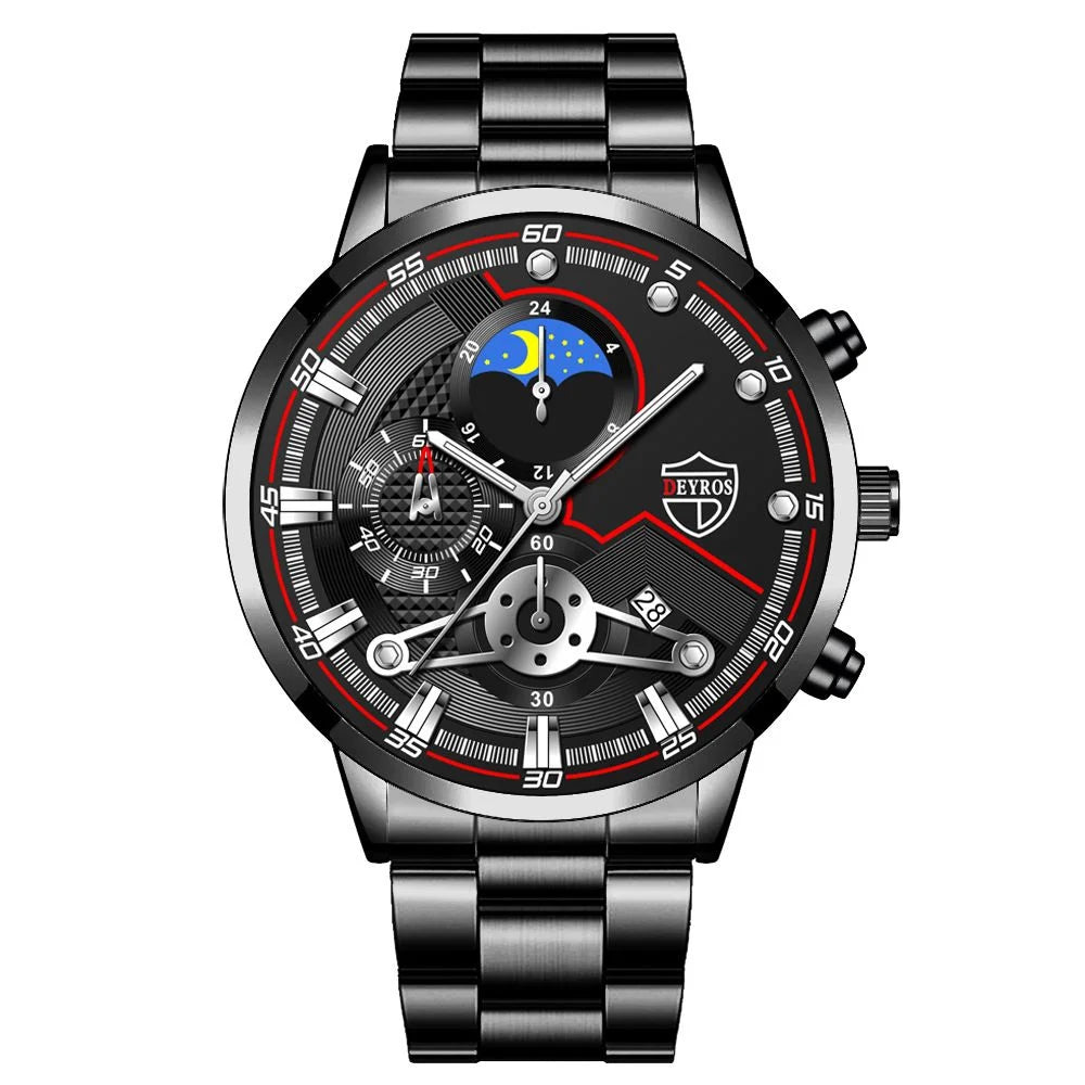 Men’s Luxury 3-Piece Stainless Steel Quartz Watch – Business & Sport Full Calendar Wristwatch