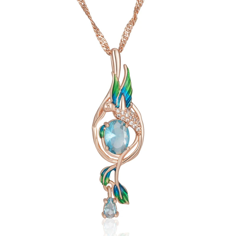 Kinel Colorful Enamel Peacock Pendant Necklace – 585 Rose Gold Color with Blue Zircon, Elegant Daily Jewelry for Women