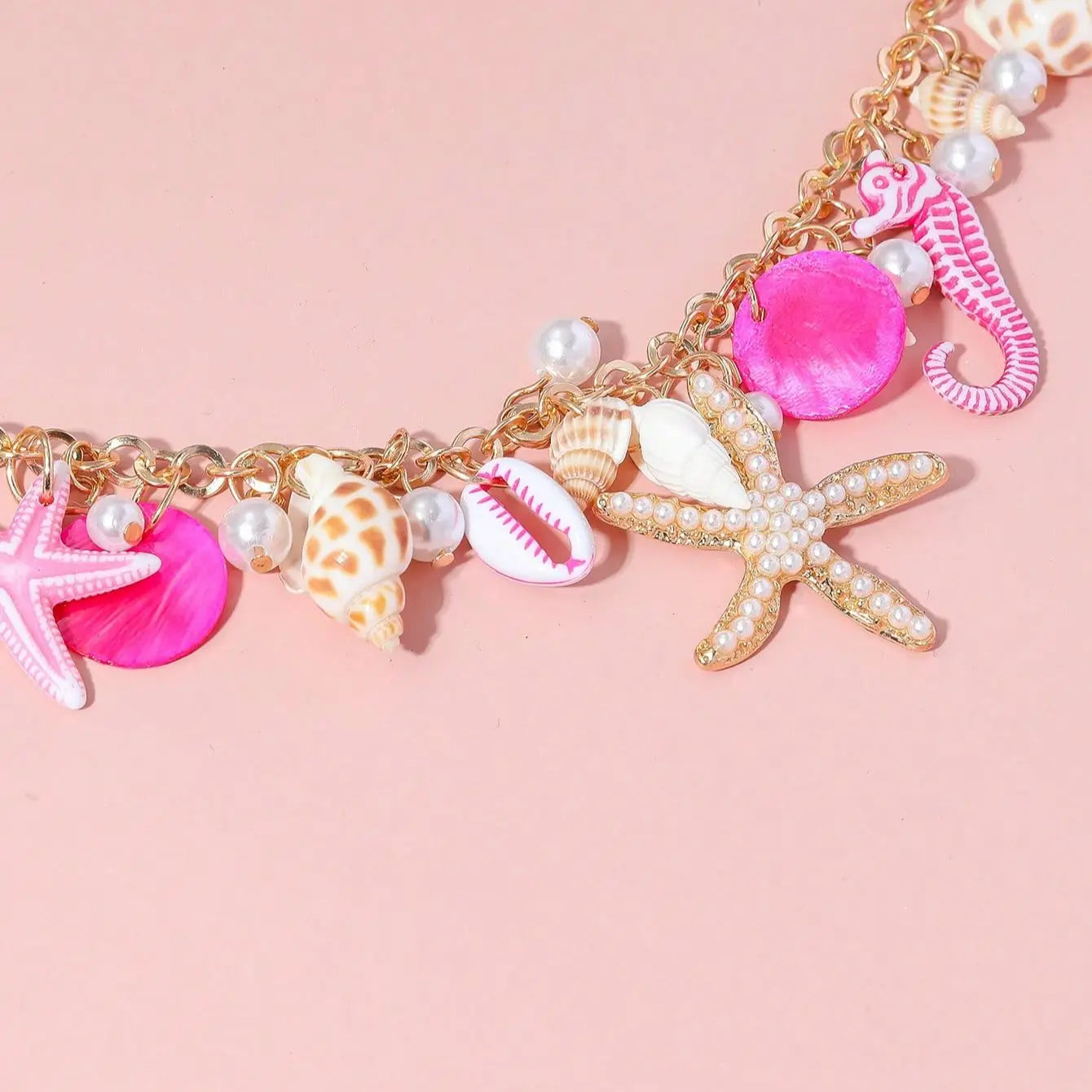 Bohemian Sea Star & Seahorse Pendant Necklace – Pearl Shell Seaside Resort Jewelry for Women
