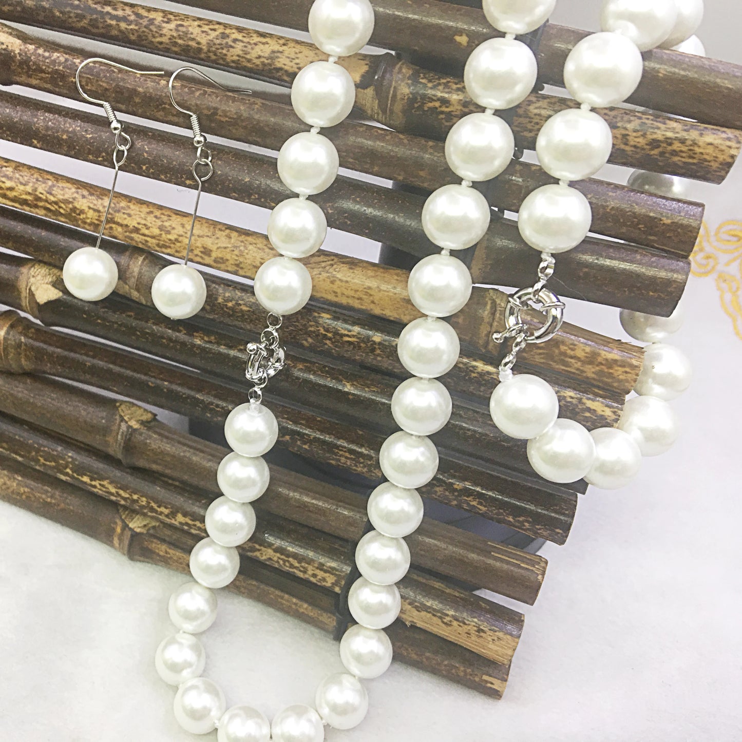 12mm White Sea Shell Pearl Jewelry Set – Necklace, Bracelet & Earrings with Natural Stone Beads for Women