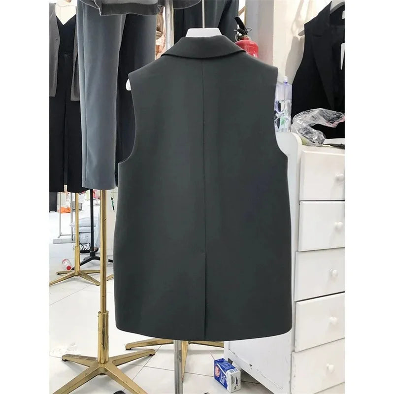 Women’s Sleeveless Black Blazer Vest – Peak Lapel Oversize Suit Coat | 2025 Elegant Korean OL Style Fashion Blazer