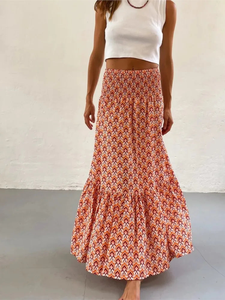 Women’s Boho Maxi Skirt – Vintage Floral Print Elastic Waist Beach Skirt for Spring & Summer