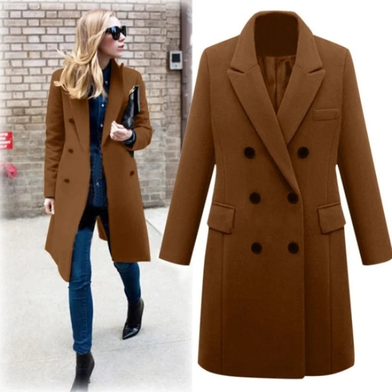 Women’s Wool Officewear Coat – Elegant Double-Breasted Lapel Jacket | Autumn Winter Loose Solid Outwear