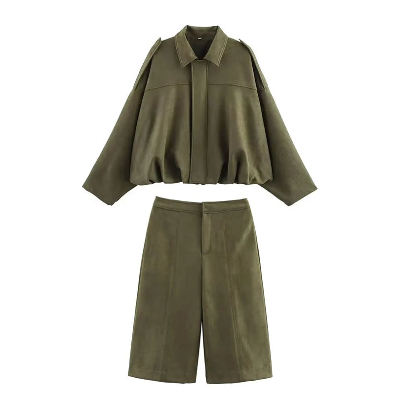 Women’s High-Waisted Casual Shorts & Long Sleeve Jacket Set – Fashion Two-Piece Outfit for Spring & Autumn