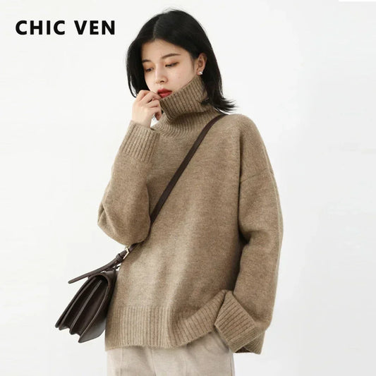 Women’s Loose Turtleneck Sweater – CHIC VEN Korean Style Warm Knit Pullover