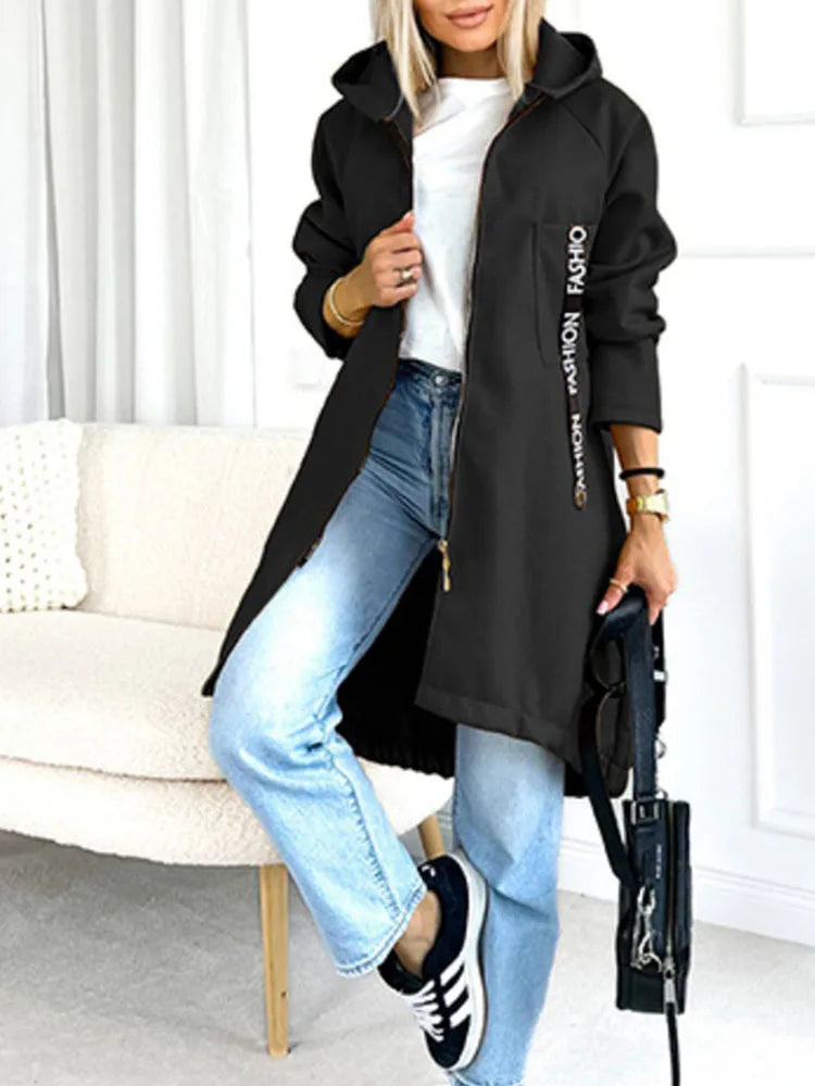 Women’s Casual Letter Printed Long Hoodie Jacket – Zipper Overcoat for Autumn & Winter | Sporty Streetwear Outerwear