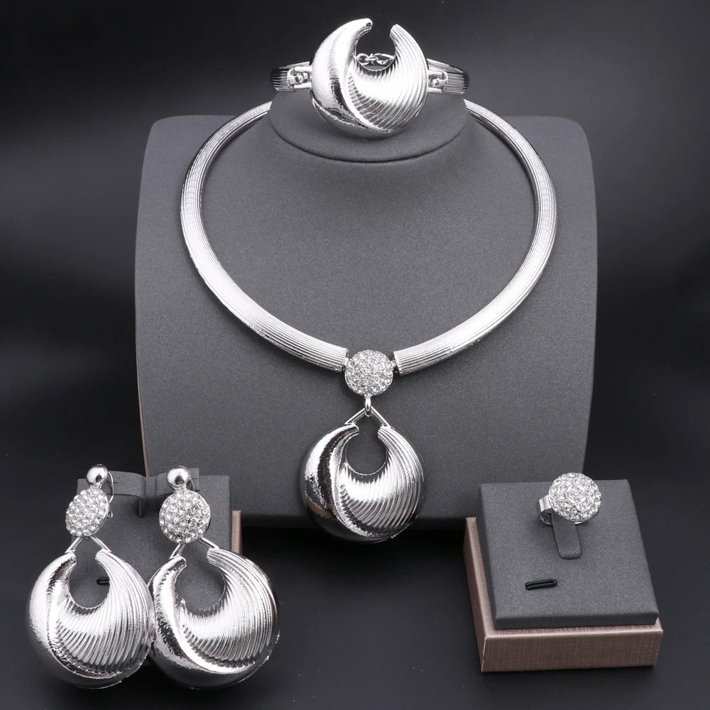 Dubai Silver Plated Luxury Jewelry Set – Women’s Necklace, Earrings, Bracelet & Ring for Wedding and Party