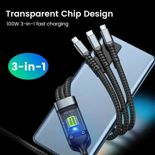 3-in-1 100W Cables 5A Fast Charging USB To Type-C Micro Wire Data Cord For Samsung Xiaomi iPhone Quick Charge USB Type C Cable
