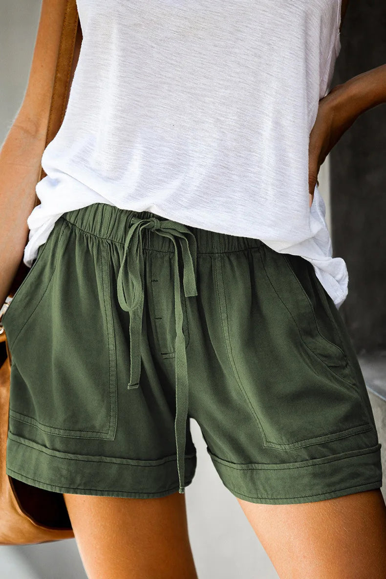 Women’s High-Waist Lace-Up Casual Shorts – Loose Twill Wide-Leg Pants | 2023 Summer European & American Style