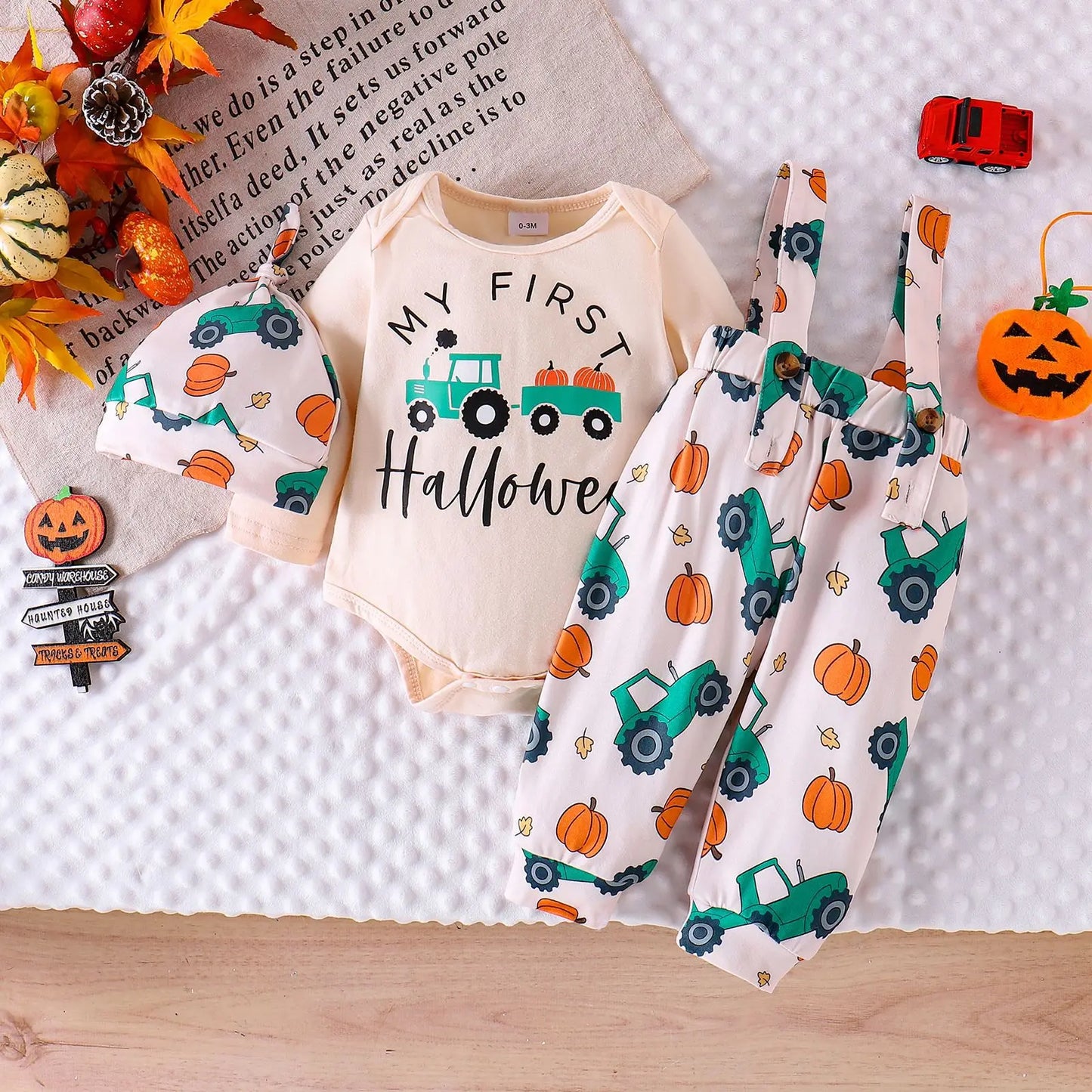 Ceeniu My First Halloween Baby Outfit – Boys Long Sleeve Letter Romper with Suspender Pants & Hat, Newborn Costume