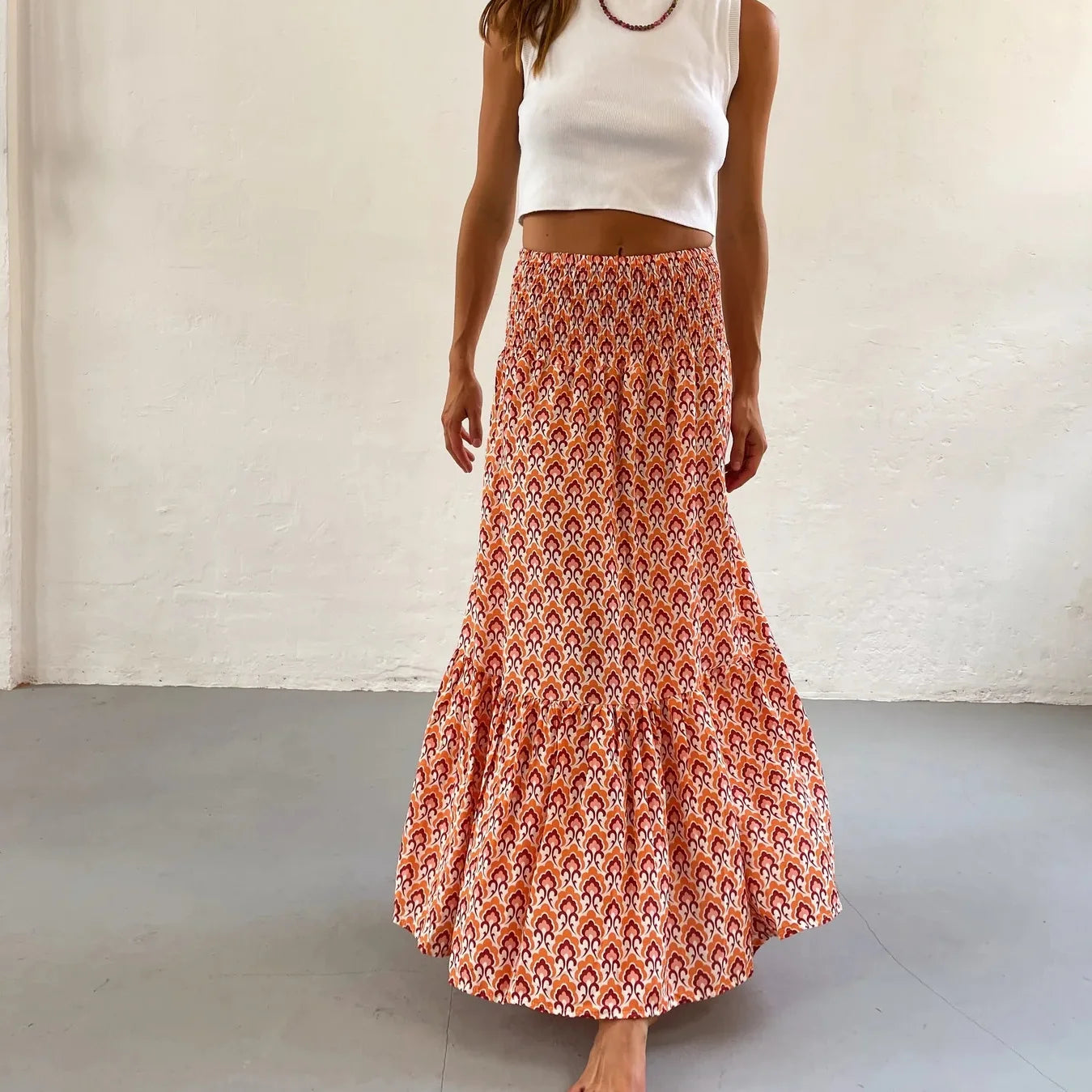 Women’s Boho Maxi Skirt – Vintage Floral Print Elastic Waist Beach Skirt for Spring & Summer