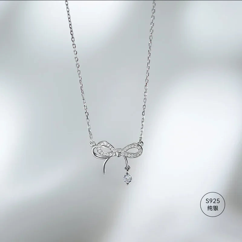 Real 925 Sterling Silver Bow Necklace – Shining Zircon Pendant Jewelry for Women, Wedding & Gift