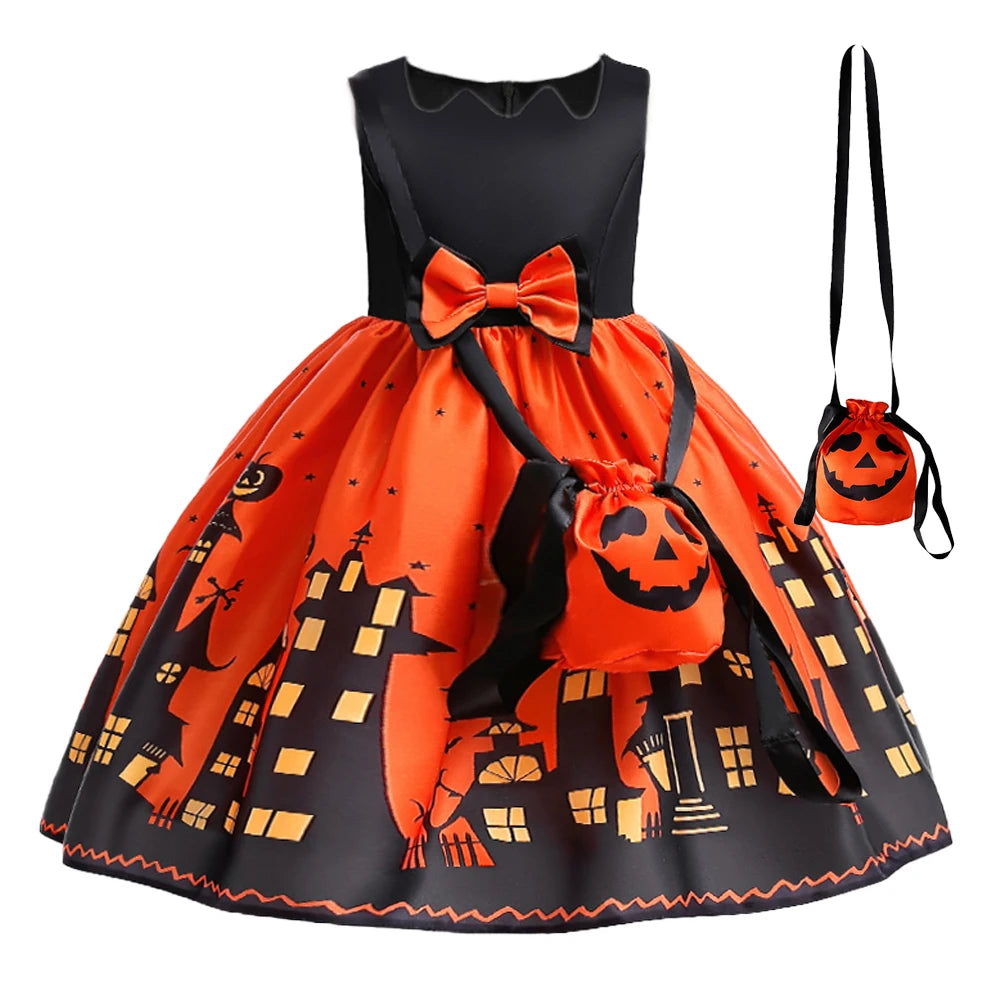 Girls’ Halloween Cosplay Costume – Pumpkin, Bat & Gothic Princess Dress for Carnival, Christmas & Birthday Parties