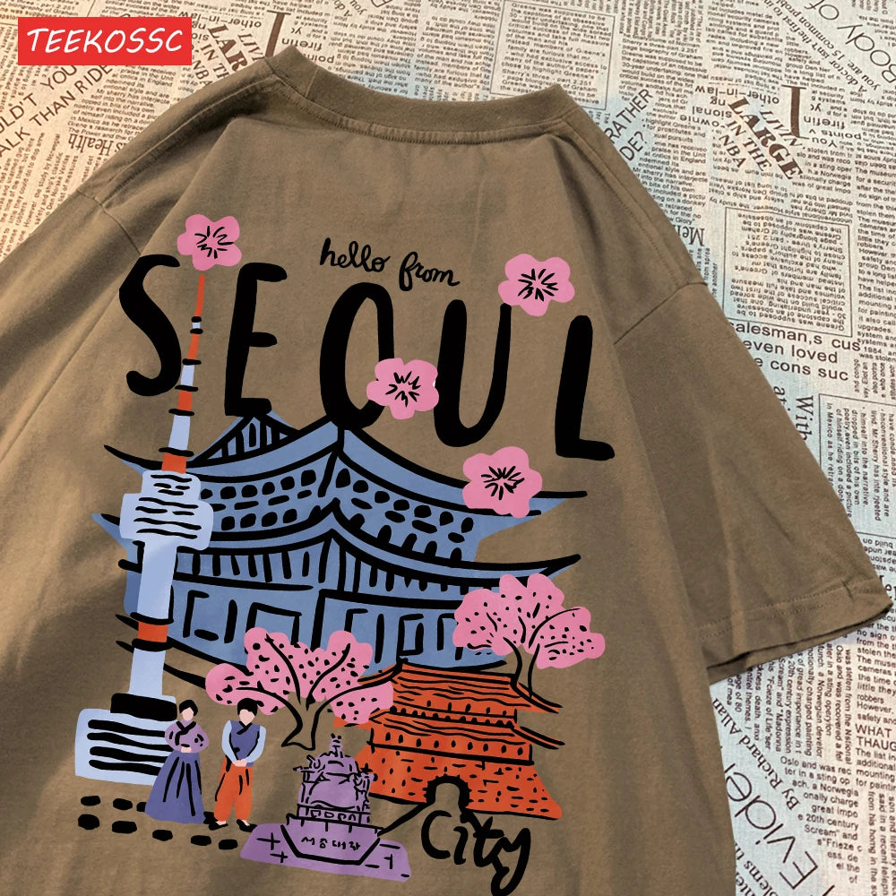 Women’s Casual Cotton T-Shirt – Seoul Scenery Printed Short Sleeve Oversize Tee | Breathable Summer TopWomen’s Clothing / Tops / T-Shirts