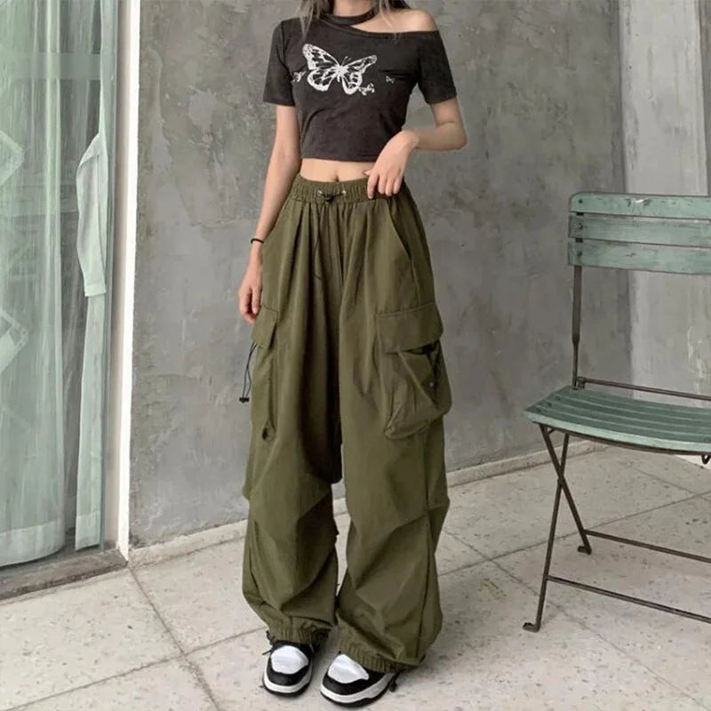 Women’s Y2K Streetwear Joggers – Low Waist Drawstring Tech Pants, Oversized Wide-Leg Baggy Sweatpants