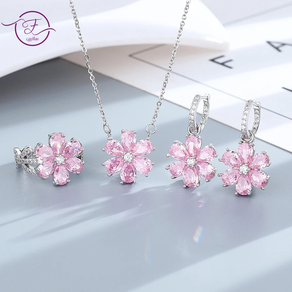 FCGJHW Pink Zircon Crystal Flower Jewelry Set – Fashion Wedding Necklace, Earrings, Bracelet & Ring for Women