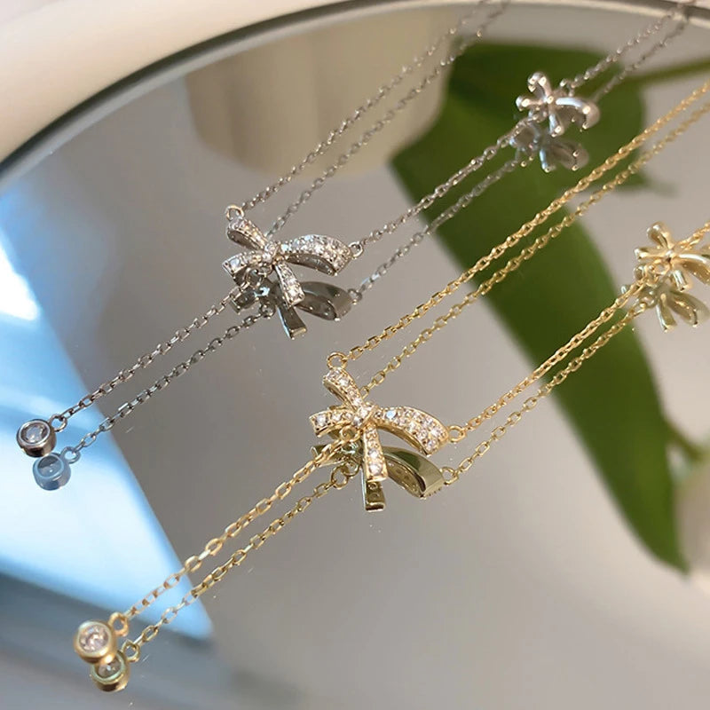 Elegant Zircon Crystal Bow Pendant Necklace – Exquisite Bowknot Tassel Clavicle Chain Jewelry Gift for Women