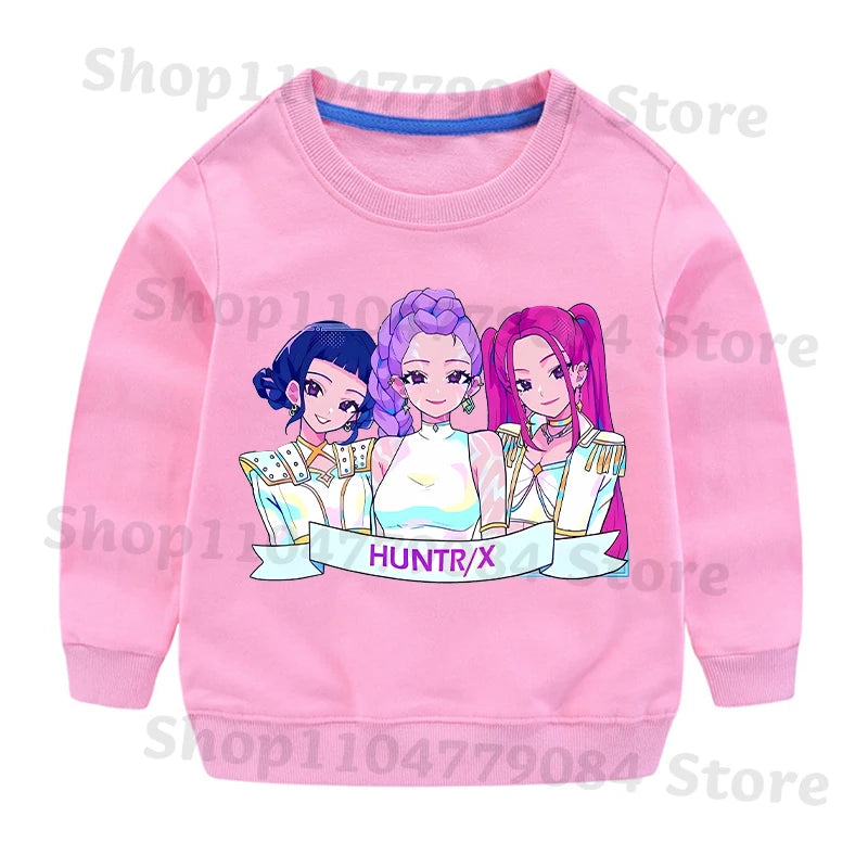 K-pop Demon Hunters Round-Neck Sweatshirt – Cute Anime Cartoon Hoodie for Children, Boys & Girls, Spring & Autumn Sport Fashion