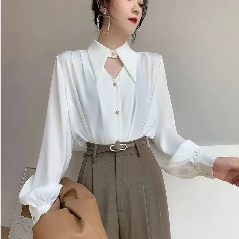 Women’s Casual V-Neck Hollow-Out Shirt – Soft Solid Blouse Retro European Style Streetwear Top