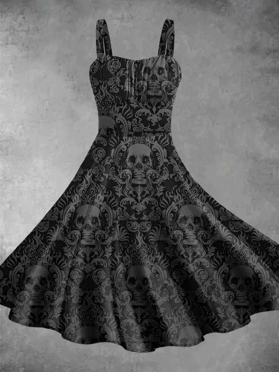2025 Halloween Women’s Cosplay Dress – Retro Funny Horror Theme Bloody Printed Suspender Strappy Dress, Witch Costume
