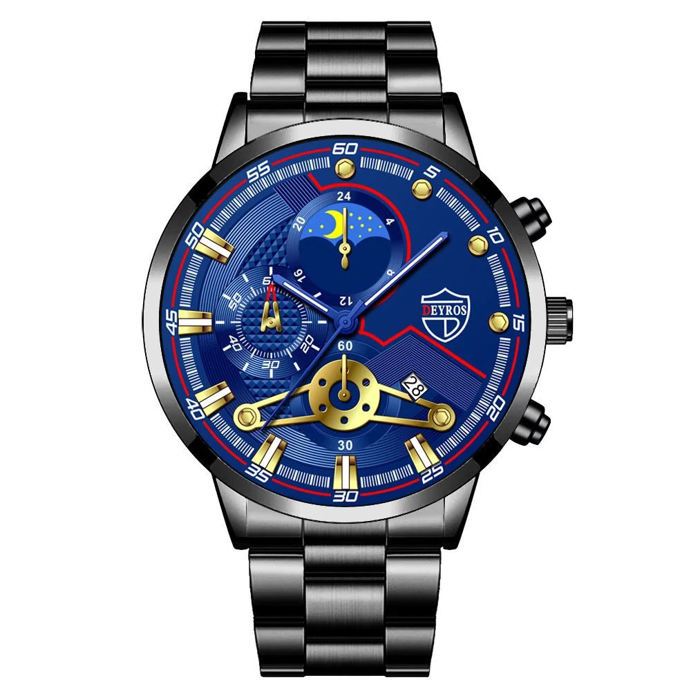 Men’s Luxury 3-Piece Stainless Steel Quartz Watch – Business & Sport Full Calendar Wristwatch