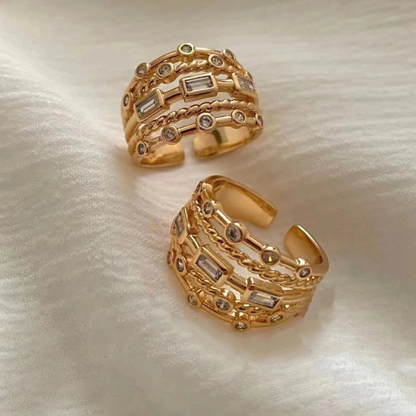 New 18K Gold Plated Sun Ring – Natural Stone Inlaid Hollow Metal Texture Jewelry for Women