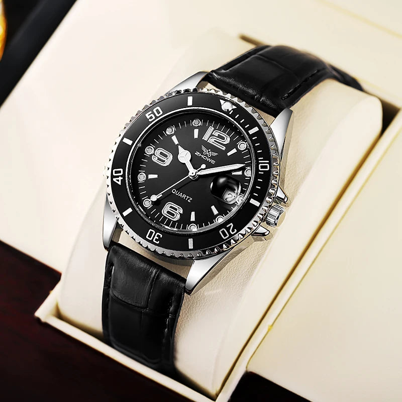 Luxury Men’s Leather Strap Watch – Waterproof Quartz Wristwatch with Calendar Display