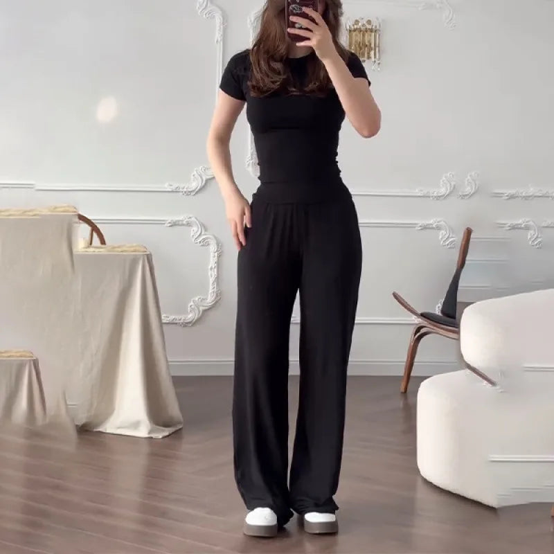 Women’s Casual 2-Piece Set – O-Neck Short Sleeve Top & Elastic Waist Trousers | Spring Summer Loungewear Outfit 2025