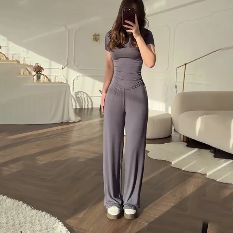 Women’s Casual Two-Piece Pants Set – Short Sleeve O-Neck T-Shirt & Elastic Waist Trousers | Spring Summer Solid Lounge Outfit