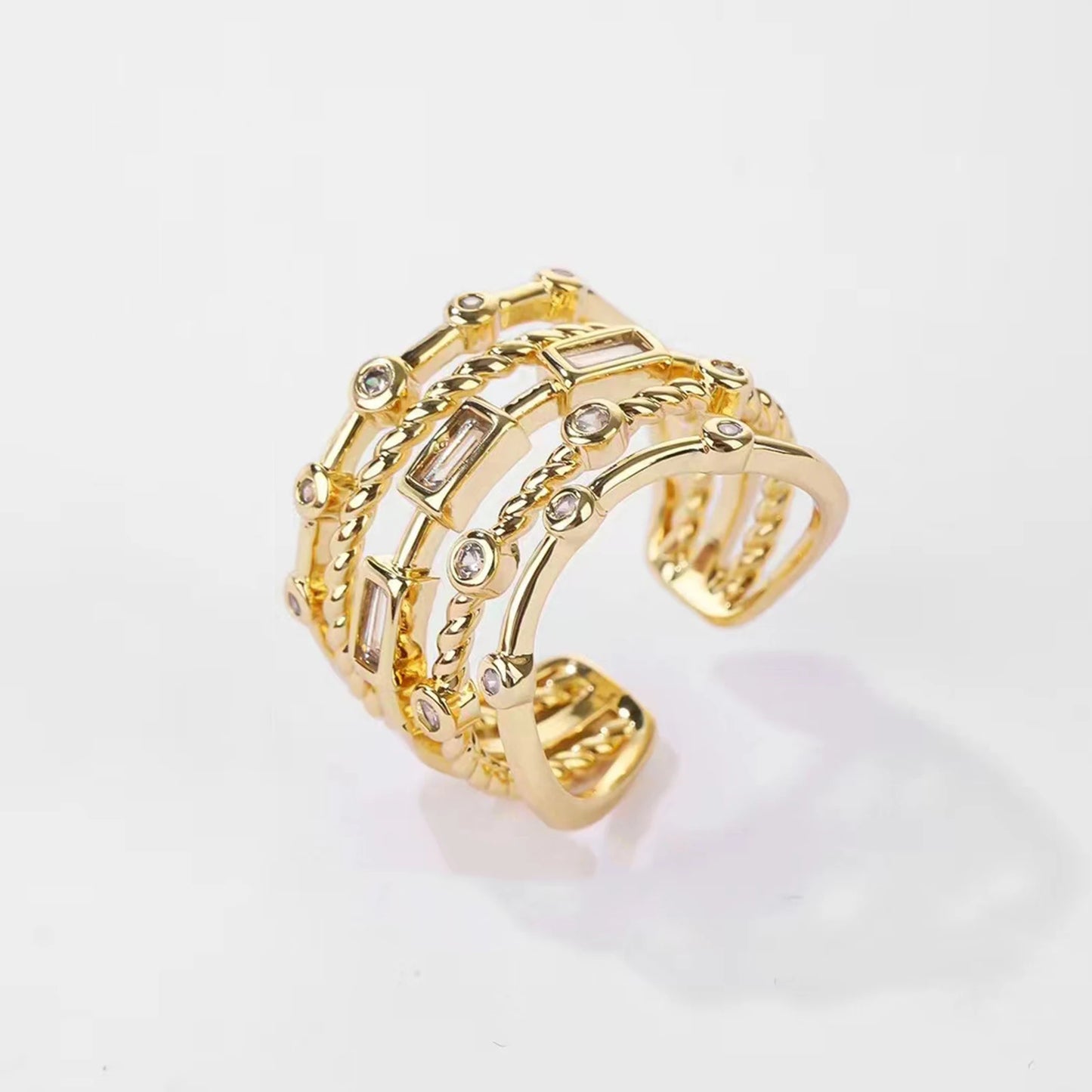 New 18K Gold Plated Sun Ring – Natural Stone Inlaid Hollow Metal Texture Jewelry for Women