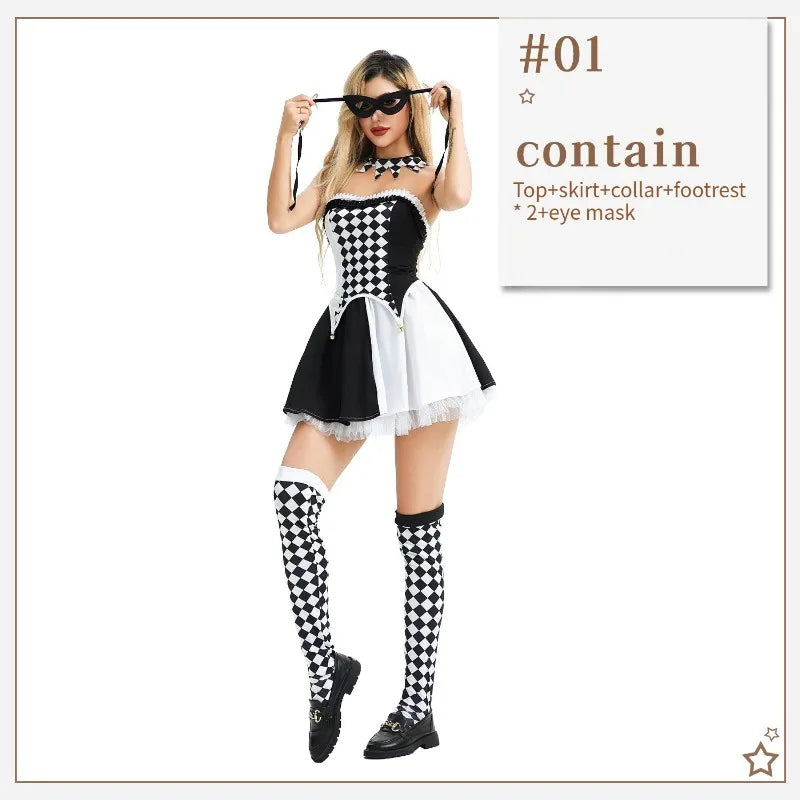 2025 Halloween Circus & Carnival Costume – Sexy Clown & Black-and-White Checkered Witch Dress for Party Performance