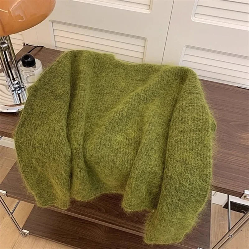 Women’s Soft Knitted Sweater – Casual Green O-Neck Long Sleeve Loose Pullover Top