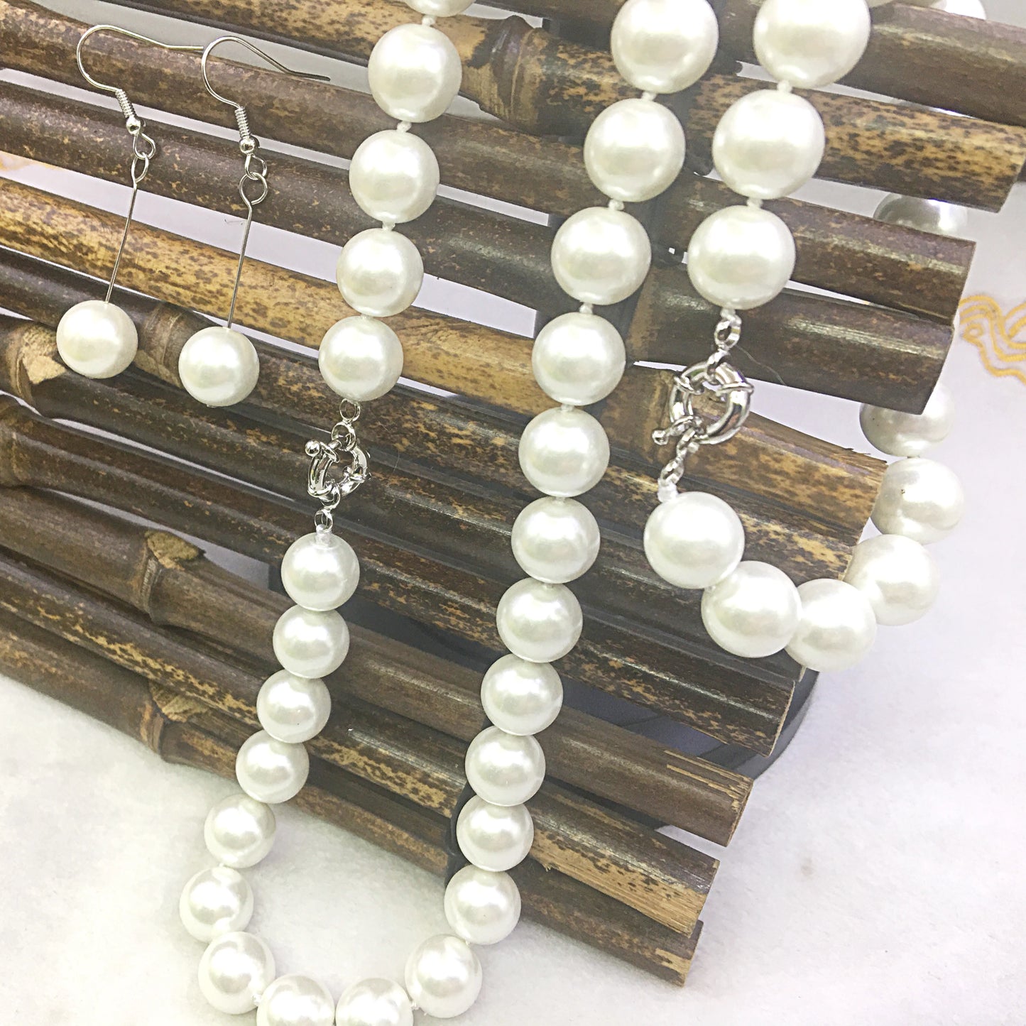 12mm White Sea Shell Pearl Jewelry Set – Necklace, Bracelet & Earrings with Natural Stone Beads for Women