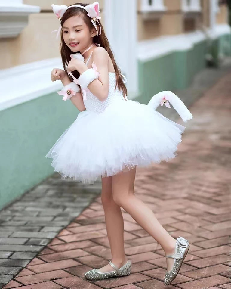 White Cat Tutu Dress for Girls – Carnival & Halloween Costume, Toddler Animal Cosplay Outfit for Birthday Party