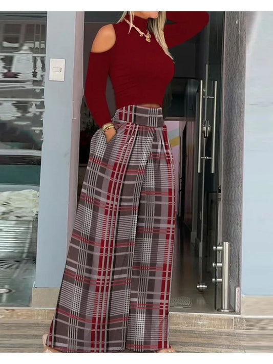 Casual Holiday Outfit for Women – Cold Shoulder Top & Plaid Wide Leg Pants Set | 2025 High Waist Two-Piece Suit