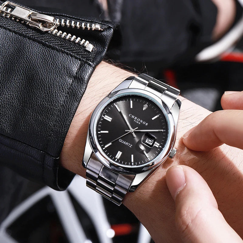 CHRONOS Luxury Men’s Stainless Steel Quartz Watch – Waterproof Luminous Date Wristwatch