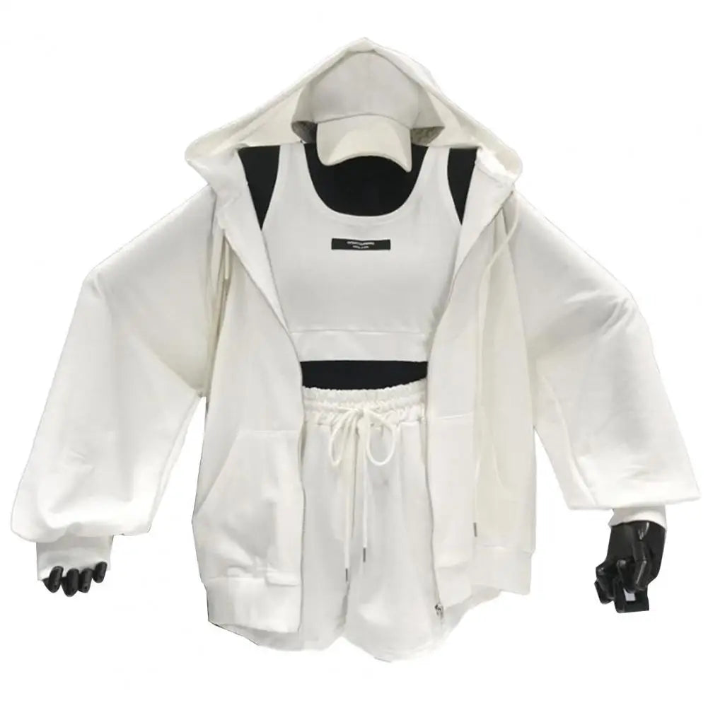 Women’s 3-Piece Casual Activewear Set – Hoodie, Drawstring Shorts & Vest | Sportswear & Lounge Outfit