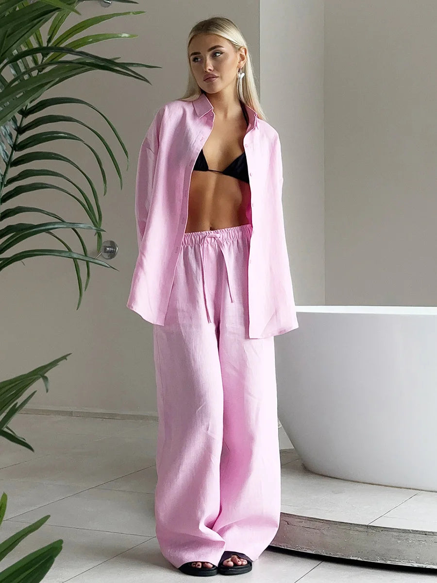 Women’s Casual Cozy Lapel Pink Shirt & Pants Set – Fashion Single-Breasted Blouse with Elastic Waist Trousers | 2025 Spring Loose Outfit