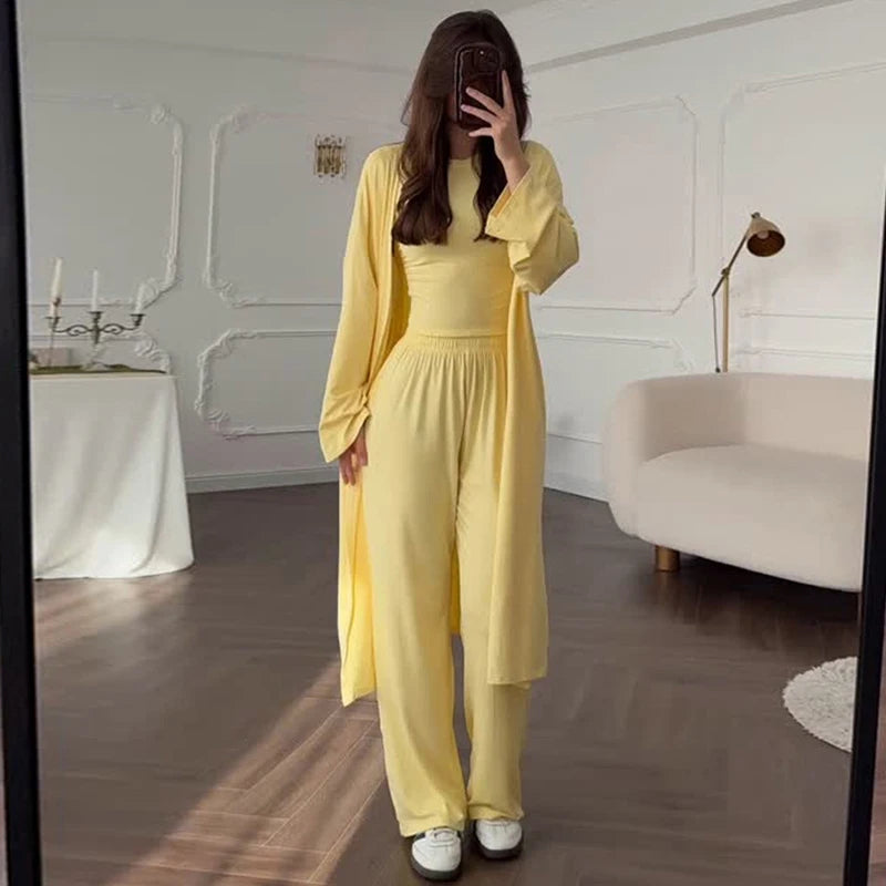 Women’s 3-Piece Casual Suit Set – Long Cardigan + O-Neck Slim Top + Wide Leg Pants | 2025 Summer Autumn Fashion Outfit