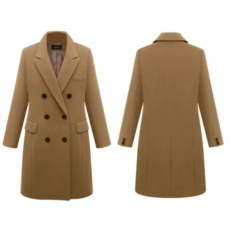 Women’s Wool Officewear Coat – Elegant Double-Breasted Lapel Jacket | Autumn Winter Loose Solid Outwear