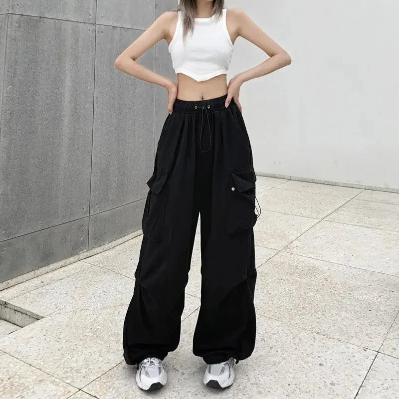 Women’s Y2K Streetwear Joggers – Low Waist Drawstring Tech Pants, Oversized Wide-Leg Baggy Sweatpants