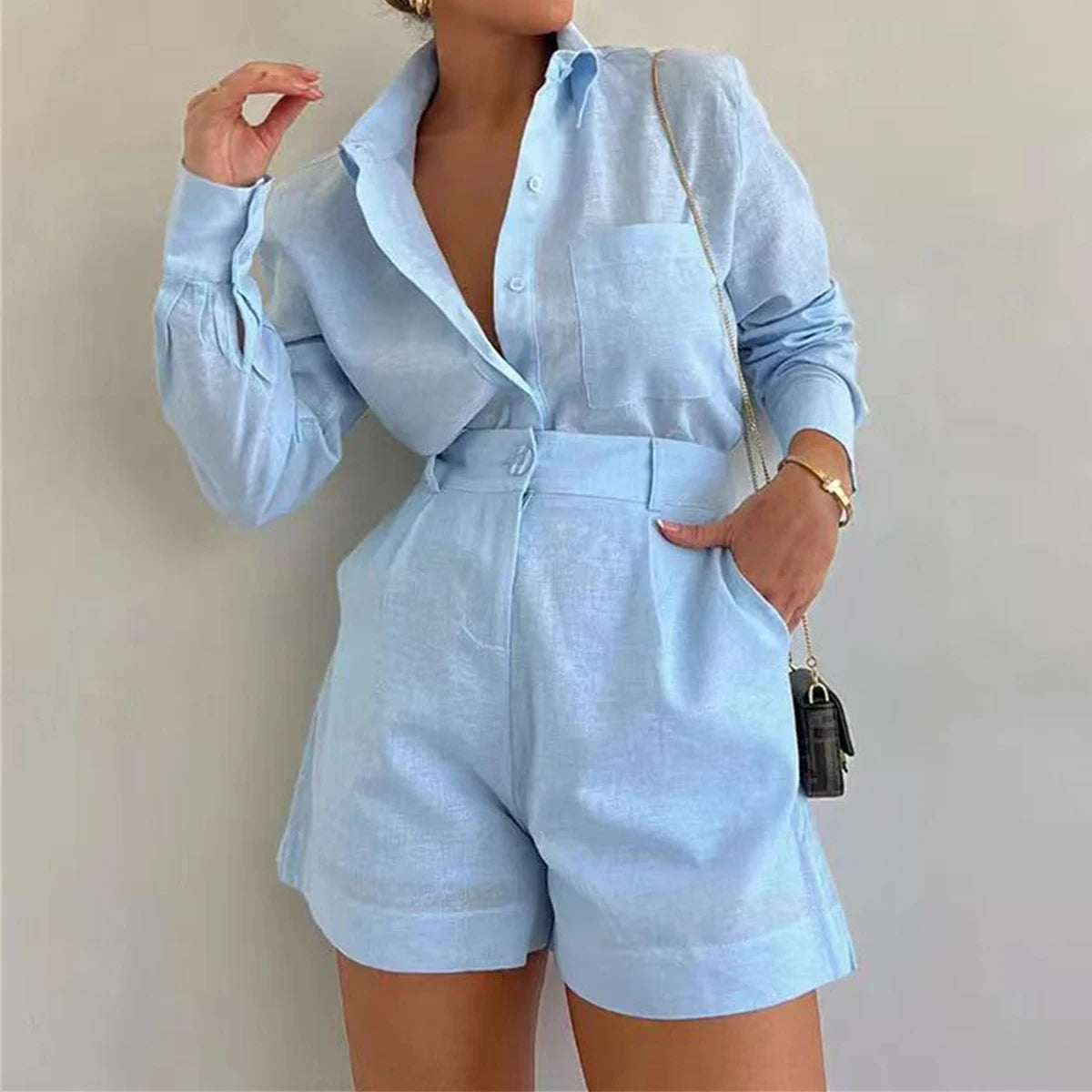 Women’s Casual Cozy Lapel Pink Shirt & Pants Set – Fashion Single-Breasted Blouse with Elastic Waist Trousers | 2025 Spring Loose Outfit