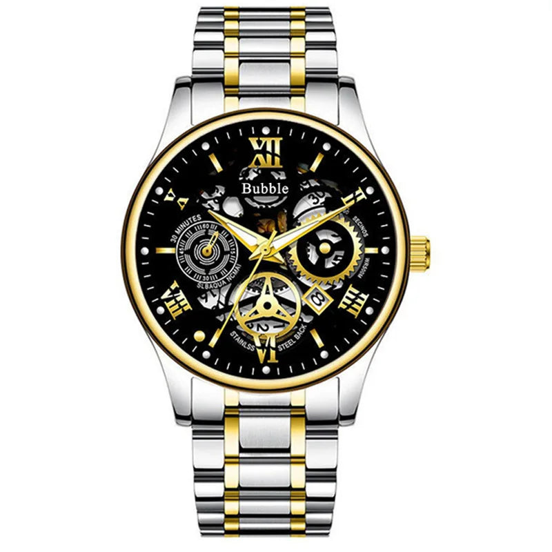 UTHAI Men’s Luxury Roman Hollow Quartz Watch – Waterproof Versatile Stainless Steel Wristwatch