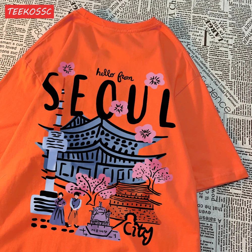 Women’s Casual Cotton T-Shirt – Seoul Scenery Printed Short Sleeve Oversize Tee | Breathable Summer TopWomen’s Clothing / Tops / T-Shirts