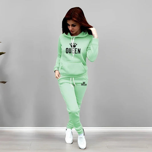 Women’s 2-Piece Queen Printed Hoodie & Pants Set – Casual Sporty Lounge Tracksuit | Autumn Winter 2025 New Arrival